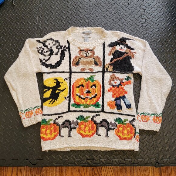 Vintage Halloween Knit Sweater w/ Pumpkins, Ghosts, Witches, Black Cats - Small - Picture 1 of 16